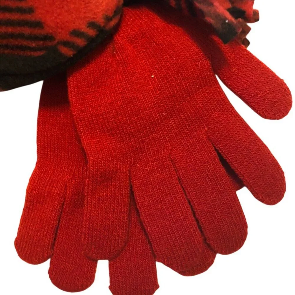 Basic Edition Girls Winter Fleece Hat & Mitten‎ 2 Pc Set Red Black Unisex Plaid